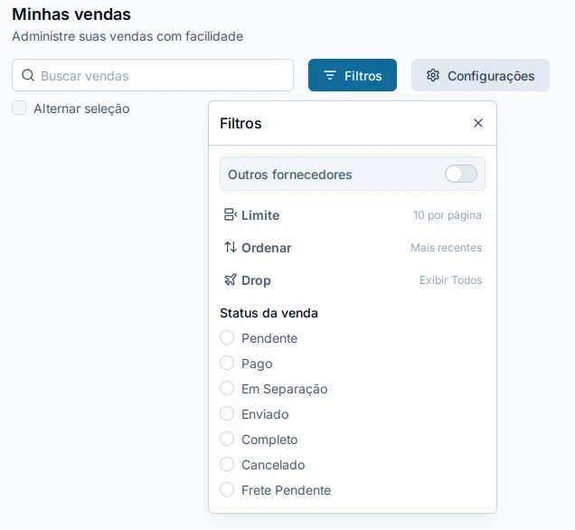 Filtros e opções de busca