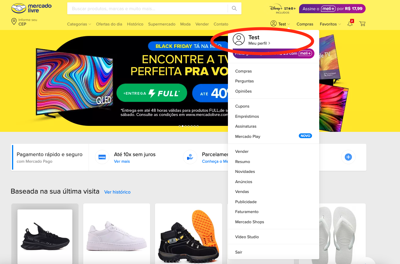 Menu do nome do vendedor com a opção Meu perfil destacada