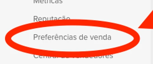 Menu Vendas aberto com Preferências de venda destacada