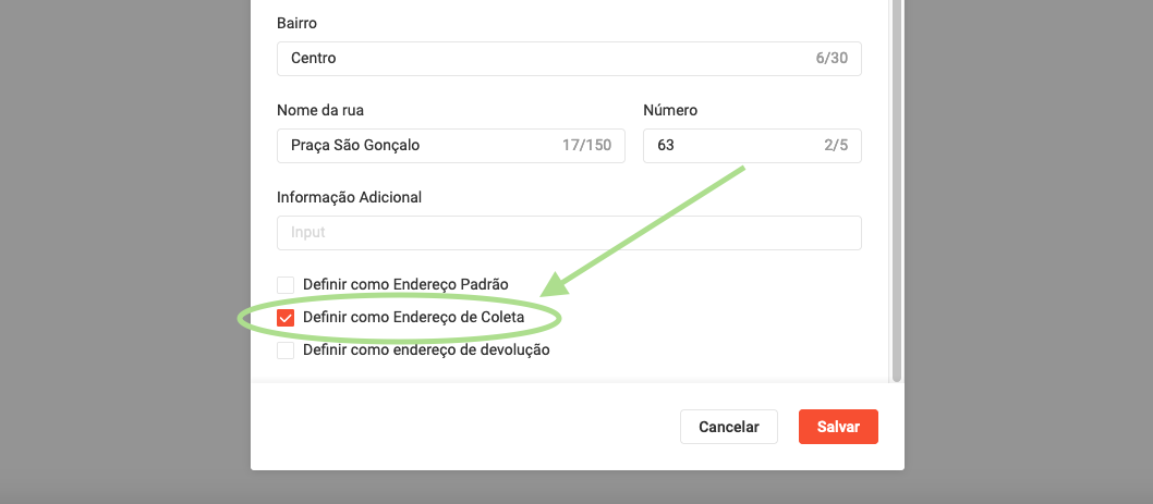 Definir endereço de coleta Shopee