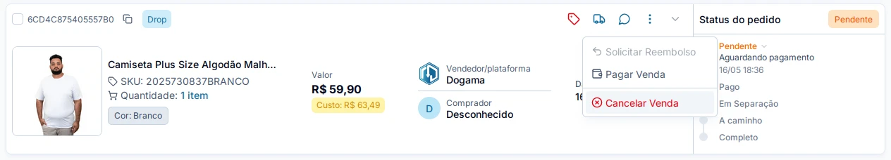 Tela de cancelamento de pedido na plataforma Dogama