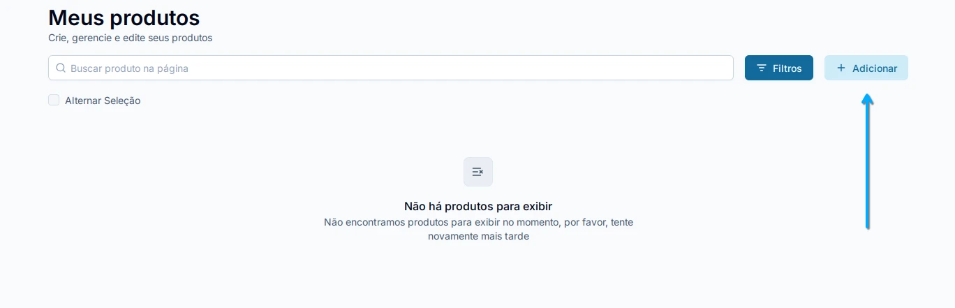 Acessando a área de cadastro de produtos