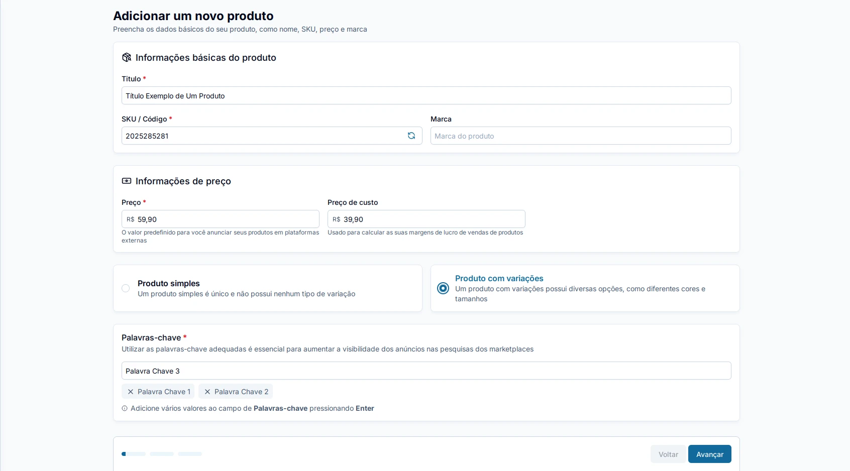 Preenchendo informações básicas do produto
