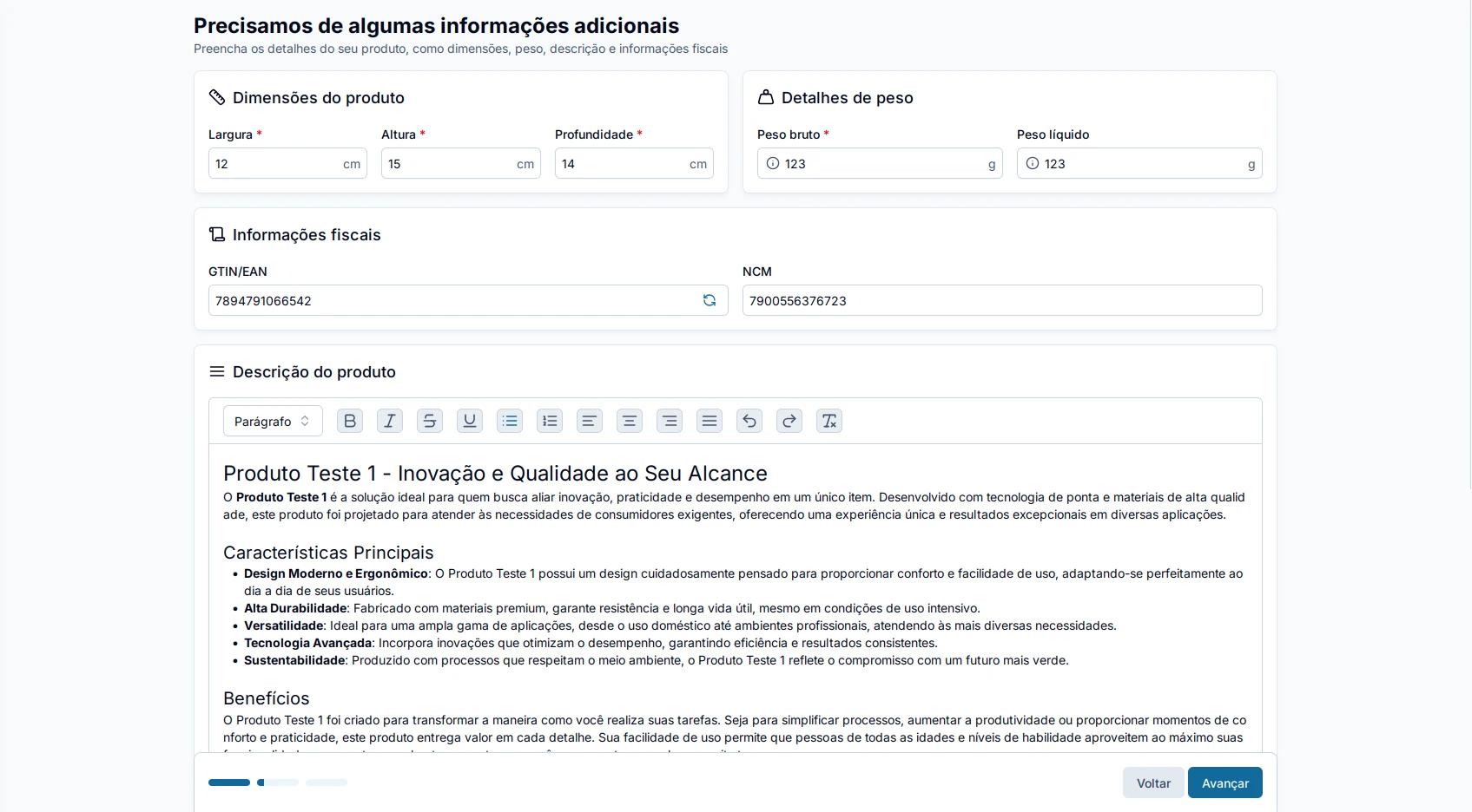 Preenchendo informações adicionais do produto