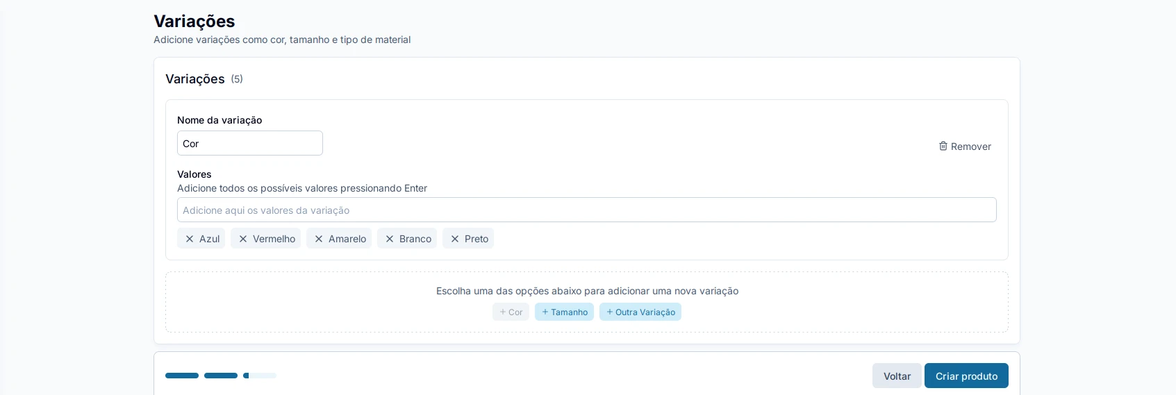 Configurando variações do produto