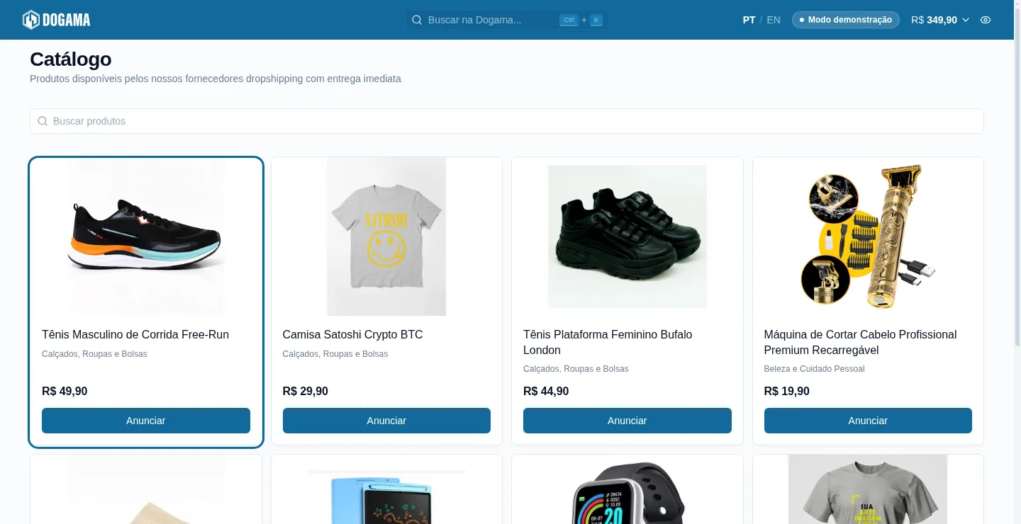 Catálogo da Dogama visto pelo revendedor, com produtos de fornecedores, categoria, preço de custo e botão de anunciar em cada card