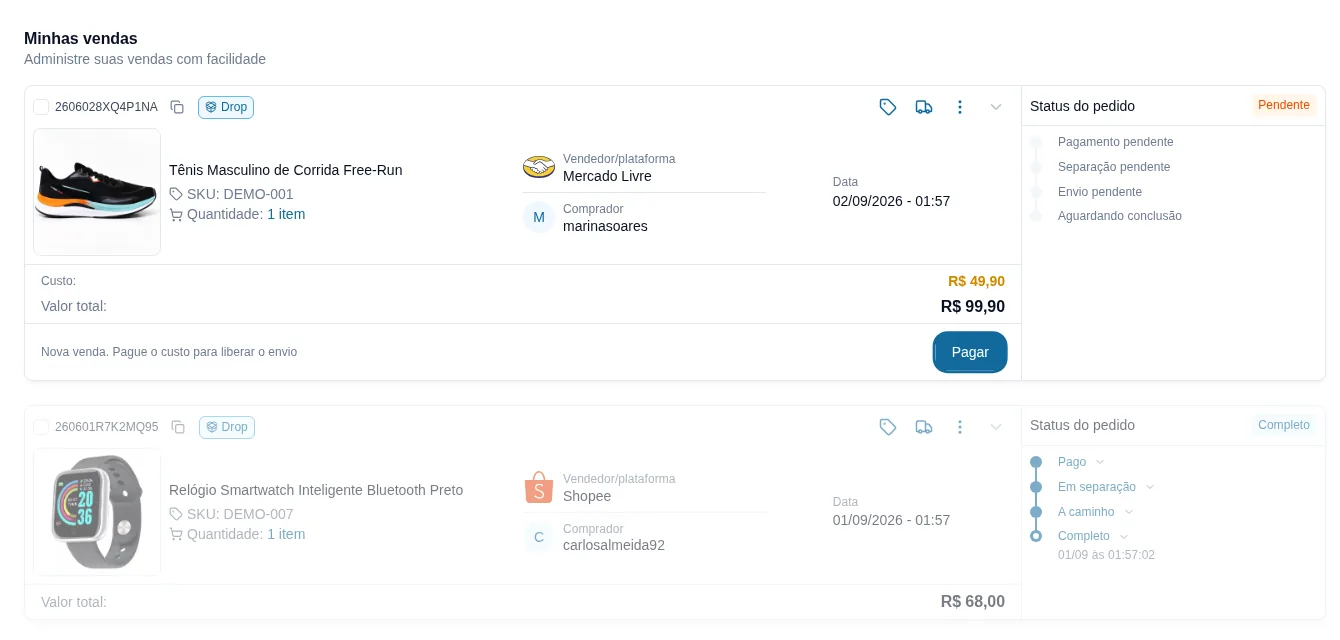 Lista de vendas da Dogama com pedidos de vários marketplaces, status de pagamento e envio, e ações em massa